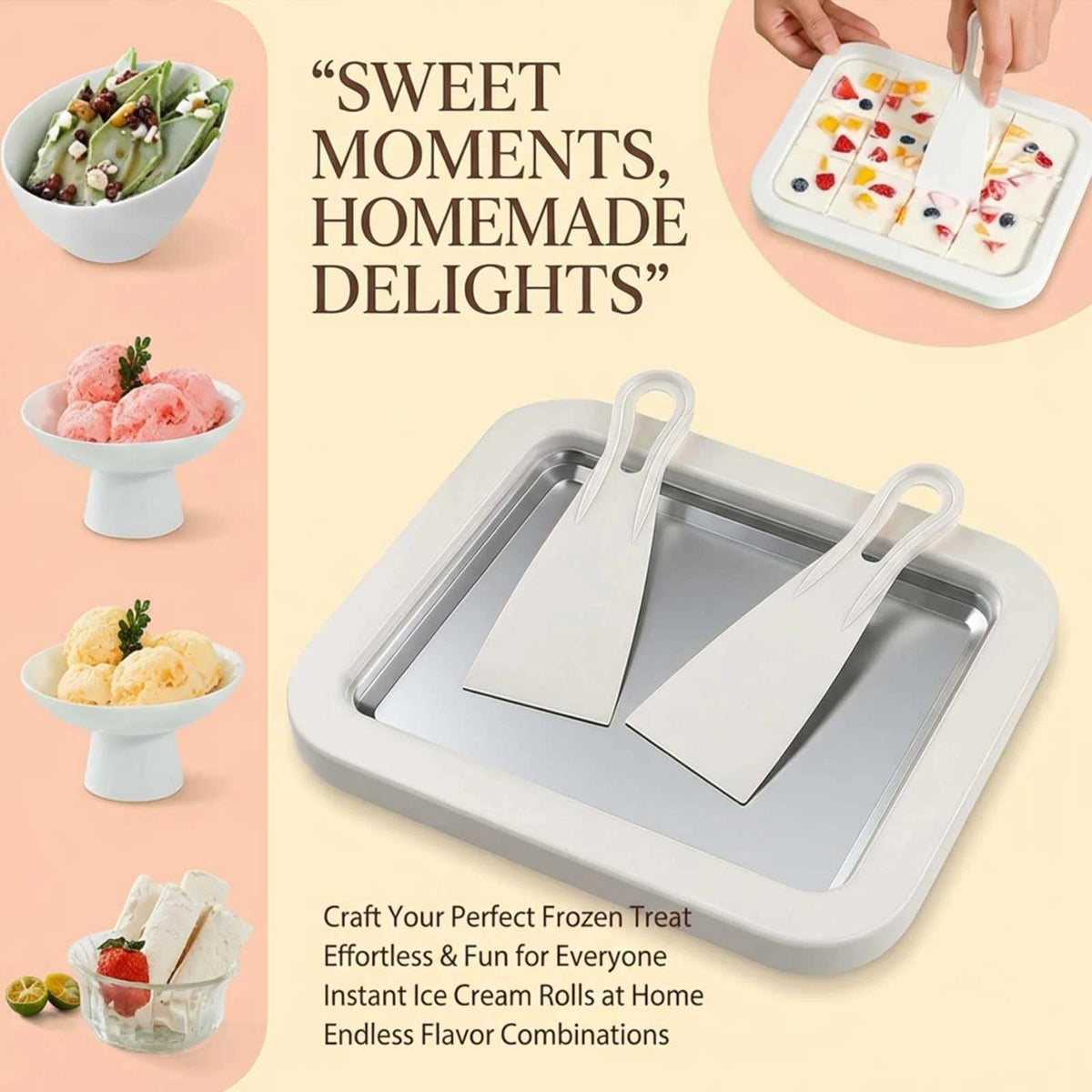 Rolled Ice Cream Maker Kit, Stainless Steel No-Electricity normal, WHITE