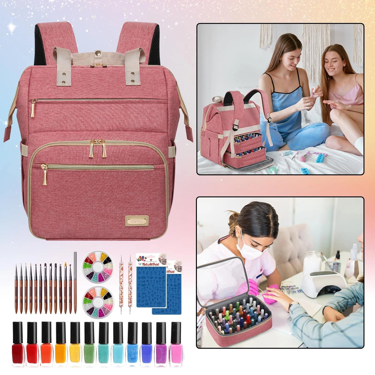 LTINVECK Nail Polish Organizer Case Backpack 15 x 13.8 x 11 inches, Pink