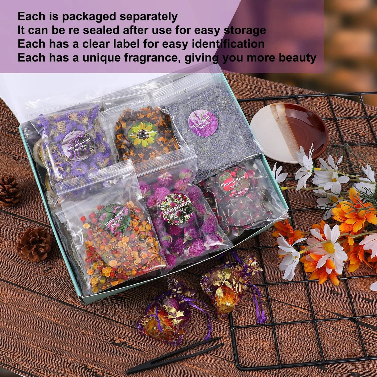 SACATR Dried Flowers, 50 Bags  Natural 50 bags*10g, 50 Bags*10g