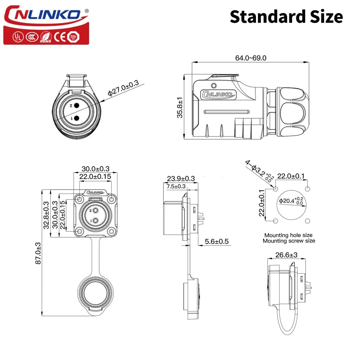 CNLINKO LP-20 Industrial Waterproof Connector IP68 Circular 7 PIN