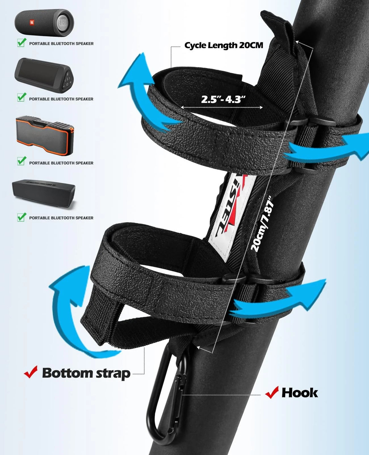 Xislet Speaker Holder for Bike with Carabiner, Adjustable Golf Cart Black