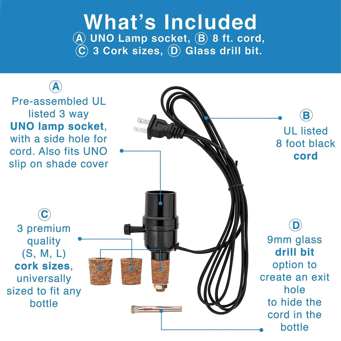 VINO LIGHT Bottle lamp kit, with 9mm Glass Drill bit, Works black and cork