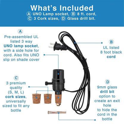 VINO LIGHT Bottle lamp kit, with 9mm Glass Drill bit, Works black and cork