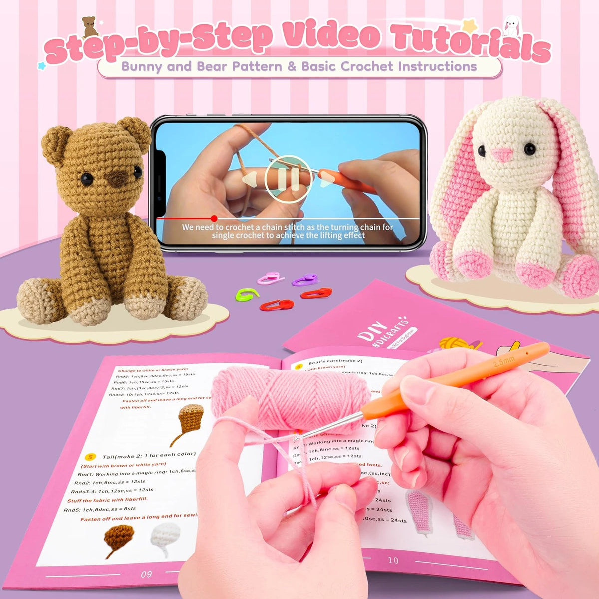 Crochet Kit for Beginners, Bunny and Bear Pink Rabbit Brown