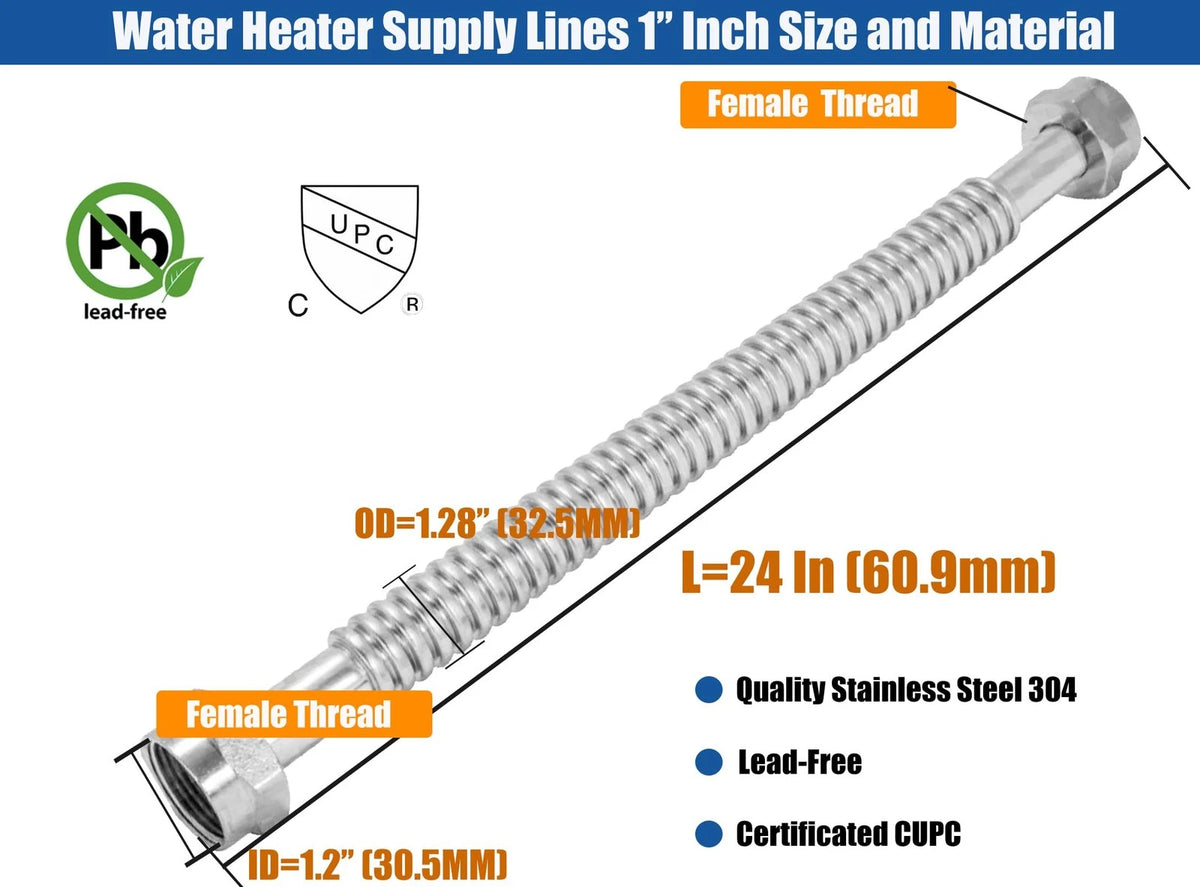 WHK 24-Inch Water Heater 1" FIP Flexible Hose 24 Inch, Stainless Steel