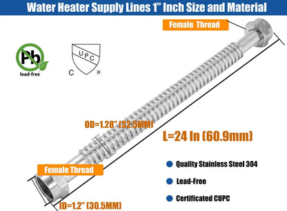 WHK 24-Inch Water Heater 1" FIP Flexible Hose 24 Inch, Stainless Steel