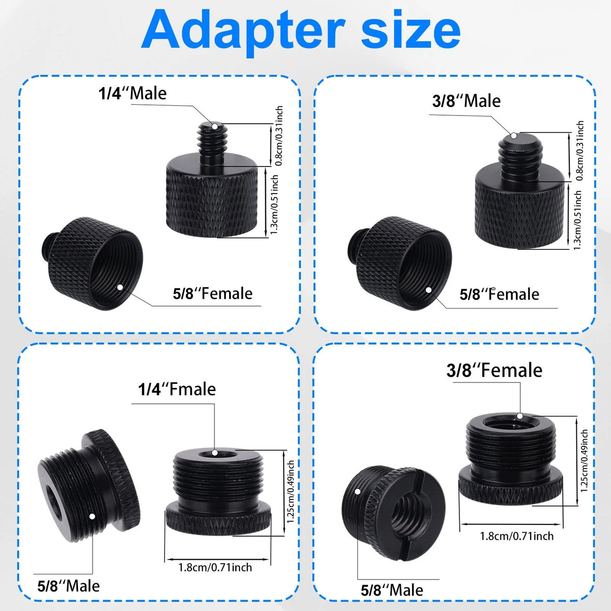 16pcs Mic Stand Adapter Parts Set, 5/8 to 3/8 & 1/4 Aluminum black