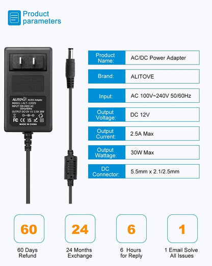 ALITOVE DC 12V Power Supply 2.5A 30W Adapter 100~240V AC to 12 Black