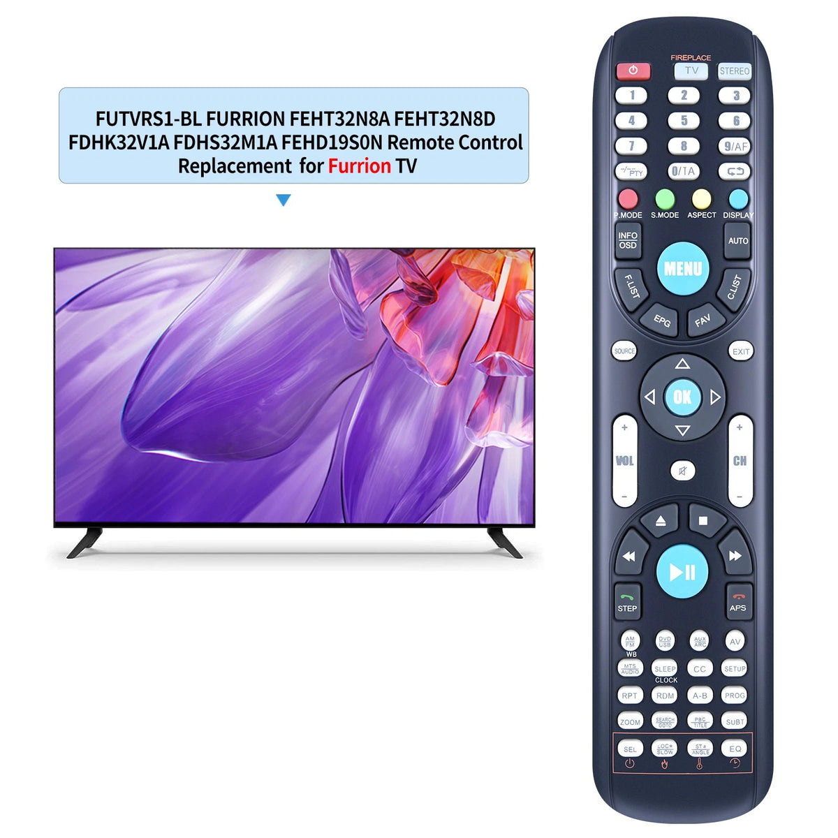 Replace Remote For Furrion Fireplace RV Camper DVD Unimote1 FUTVRS1-BL Smart LCD