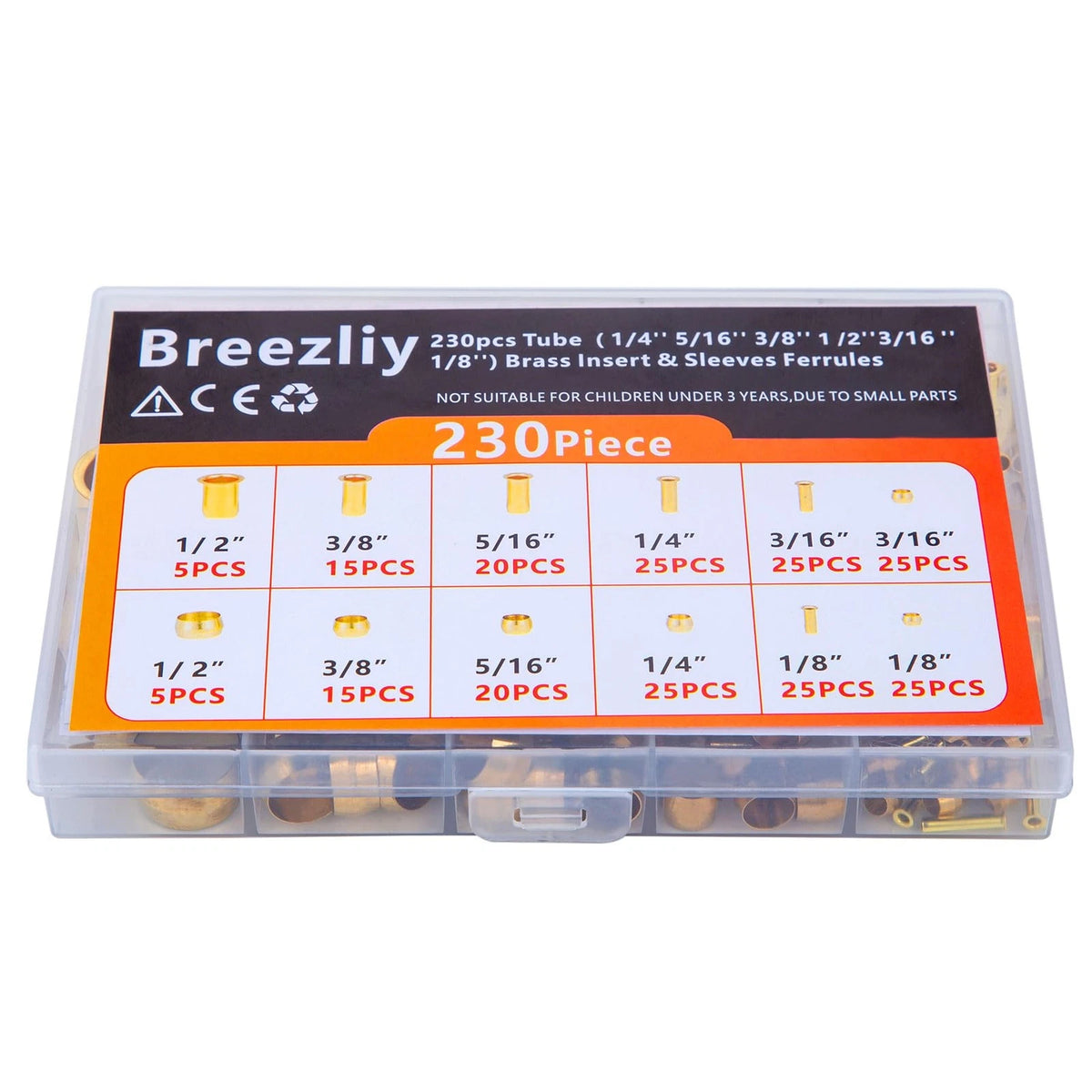 Breezliy Compression Fittings 230pcs 6 Sizes Sleeves Ferrules, Insert, Brass