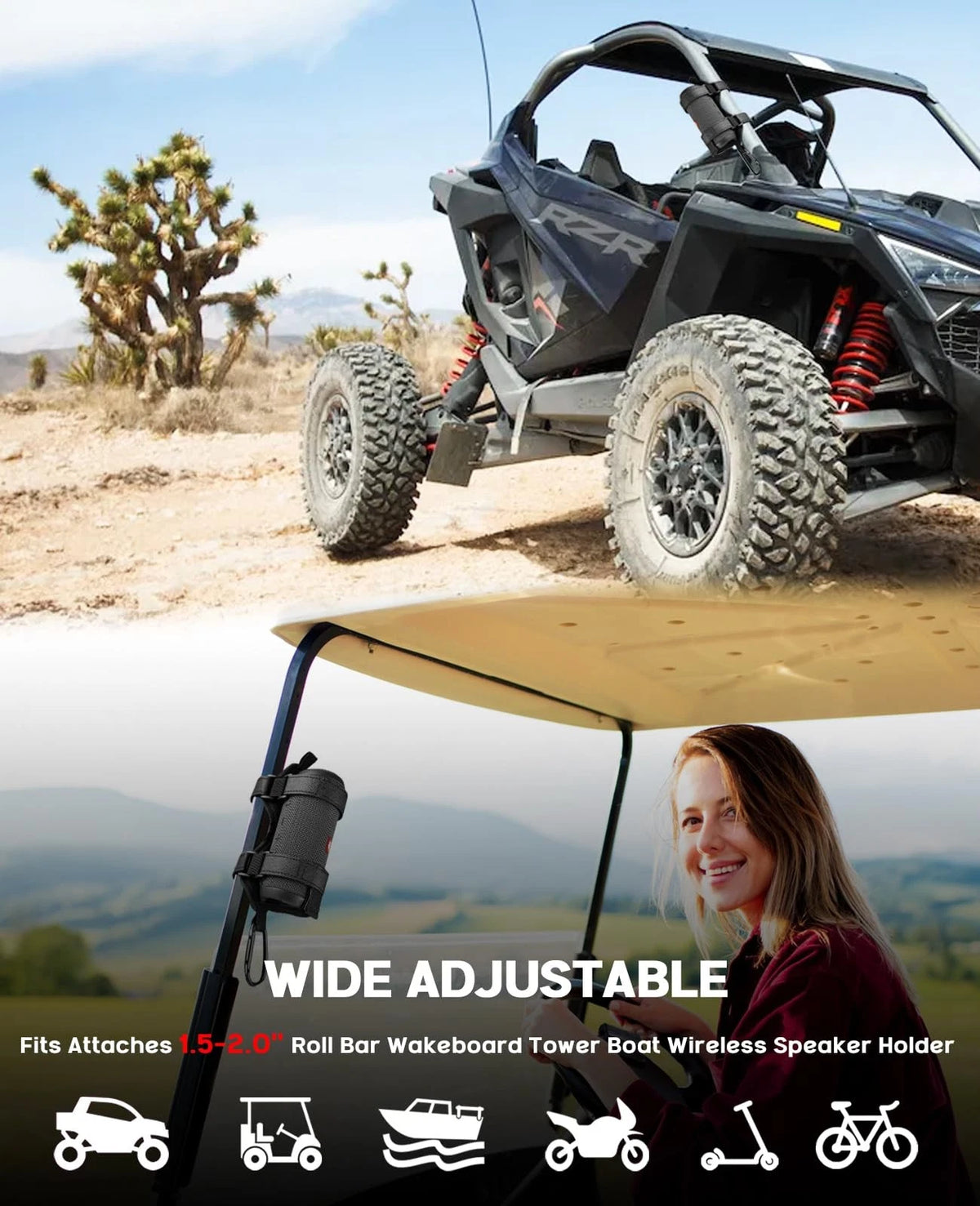 Xislet Speaker Holder for Bike with Carabiner, Adjustable Golf Cart Black