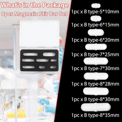 Magnetic Stir Bar Set, Lab Type-B Mixed Size PTFE B-Type Mixed, White