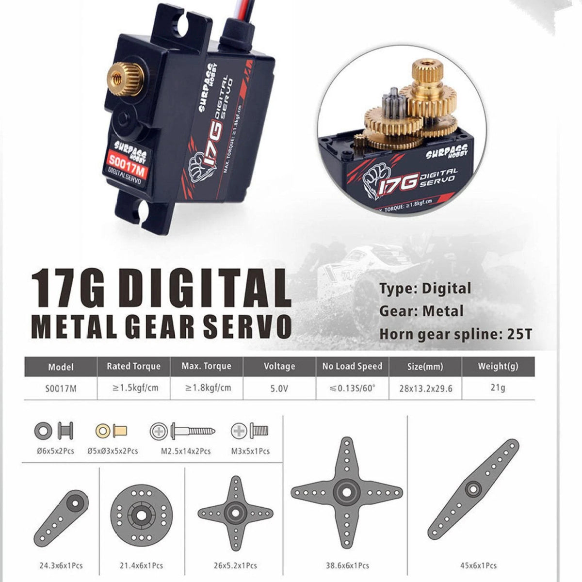 1/18 S0017M Micro Mini Servo 17G Metal Gear Digital Servo For RC Plane Boat Car