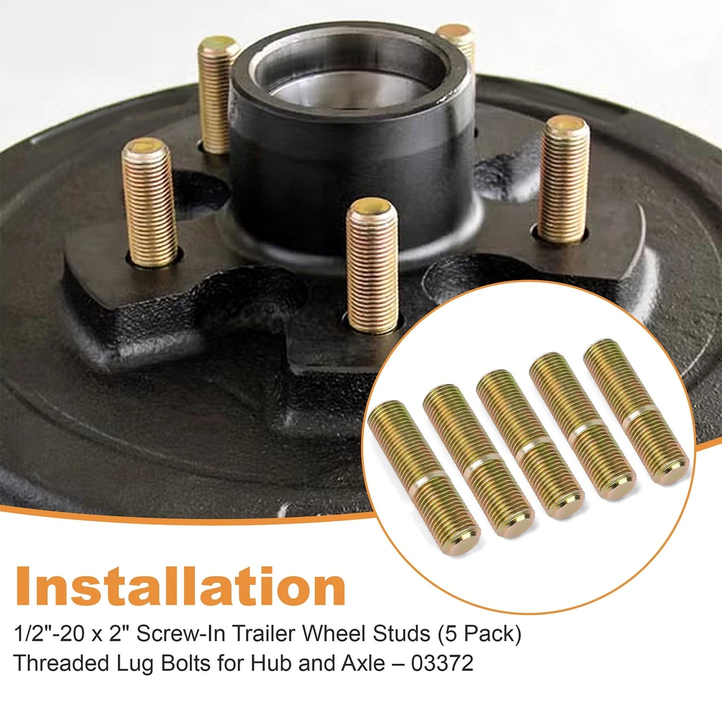 03372 Screw-In Wheel Stud Set – Fits 1/2"-20 x 2" Hubs, 5 Trailer Lug Stud