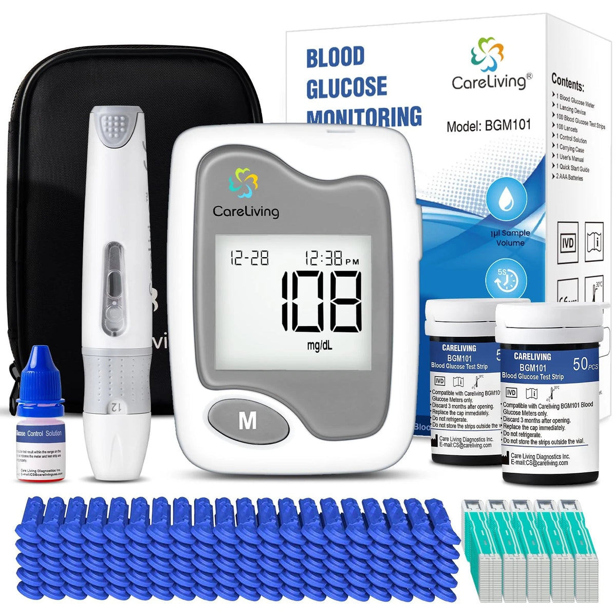 CareLiving BGM101 Blood Glucose Monitor Kit, 100 Test Strips, 100 gray