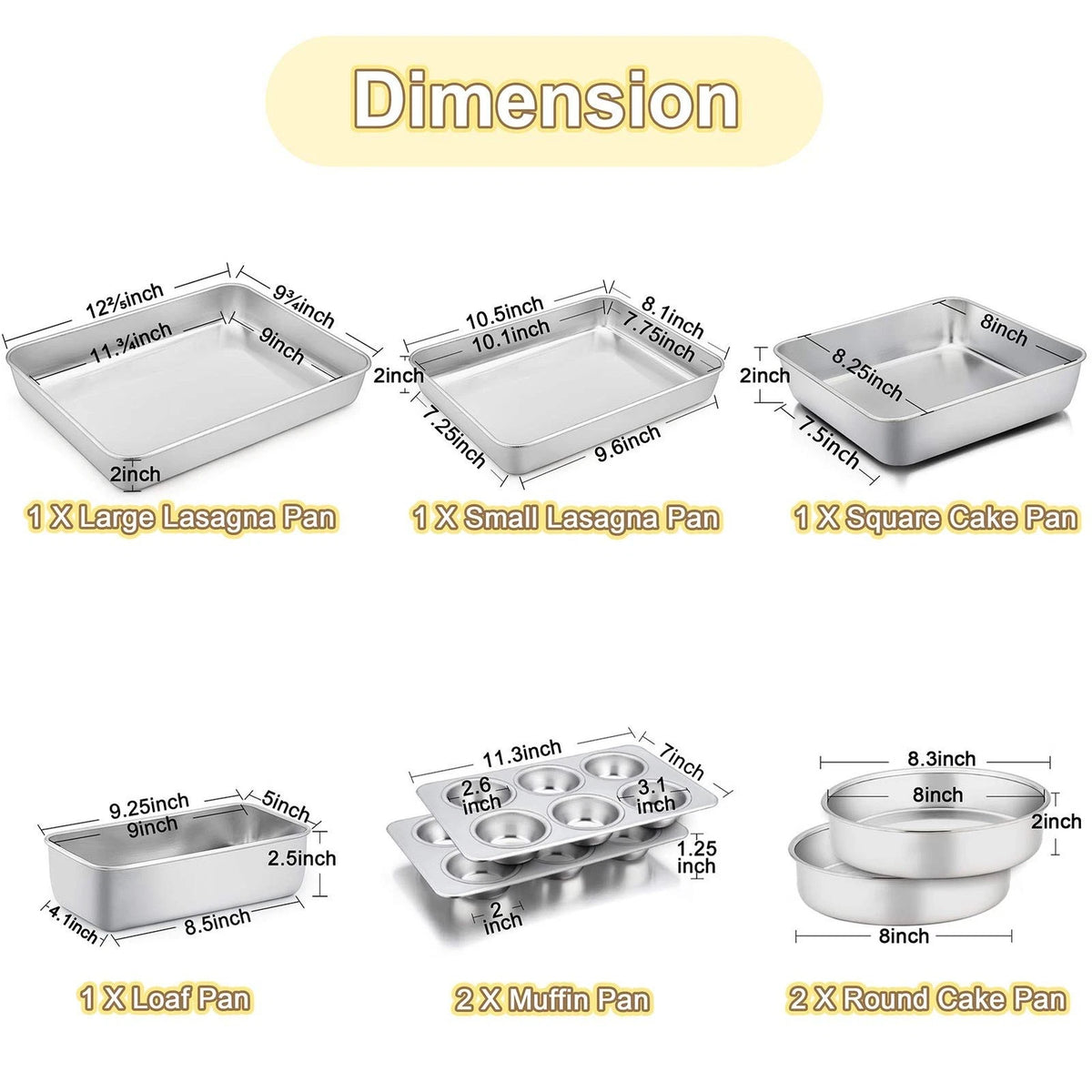 TeamFar Stainless Steel Bakeware Set of 8 12⅖'' x 9¾''x 2'', Silver