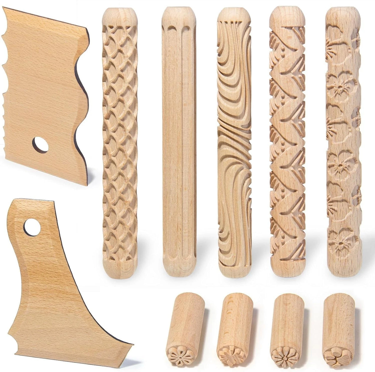 Krbnk 11 Pcs Clay Pottery Tools Kit with 5 Texture Rollers,4 Wood