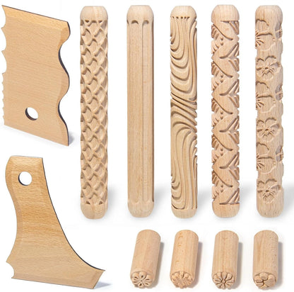 Krbnk 11 Pcs Clay Pottery Tools Kit with 5 Texture Rollers,4 Wood