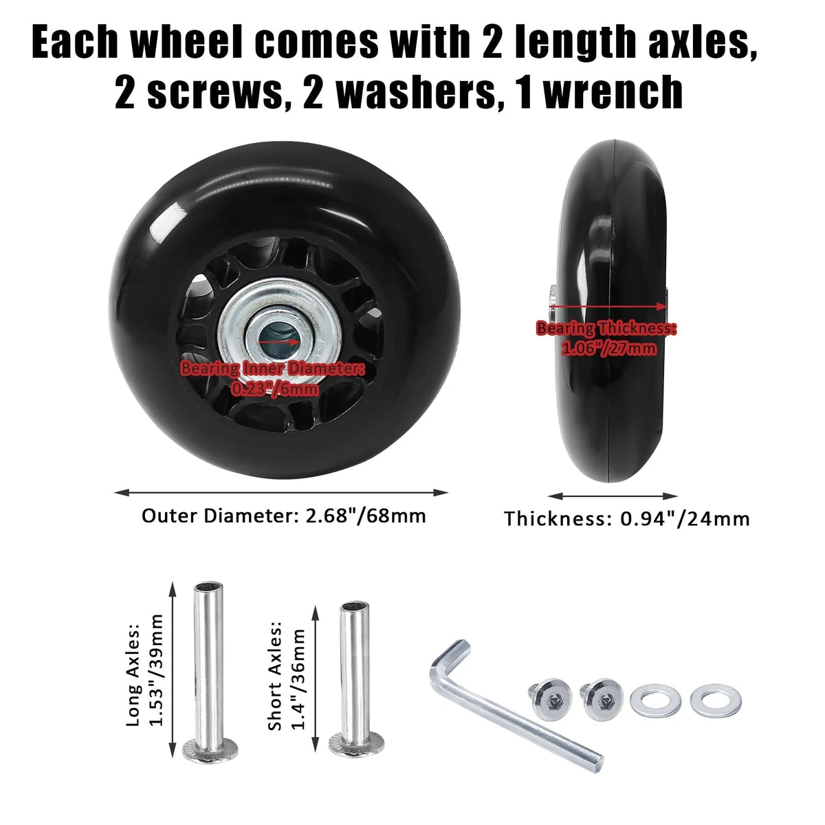 Suiwotin 2pcs 68 x 24mm Luggage Wheels, Black Rubber 68 x 24mm-2pcs,