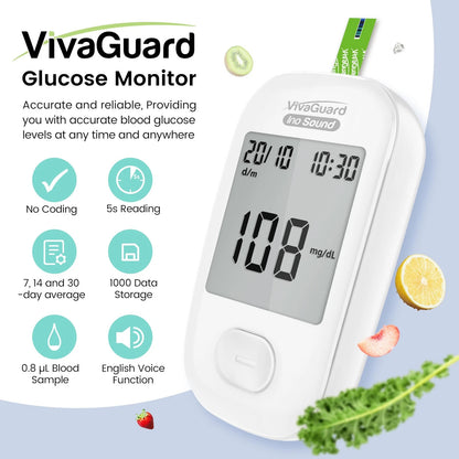 VivaGuard Talking Blood Glucose Monitor Kit,1 Meter 1 Lancing White