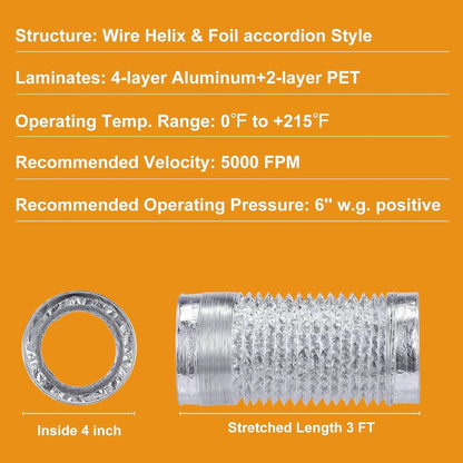 Heavy Duty 4"Flexible Dryer Vent Exhaust Duct Hose 3 4 inch 3 Feet, Silver