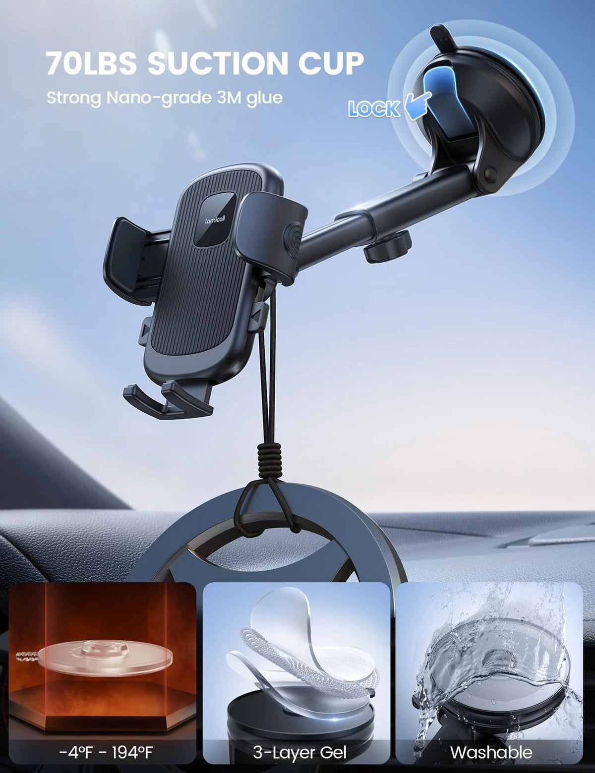 Lamicall Car Phone Holder [3-in-1 Pro Version Suction Cup] 360° Black