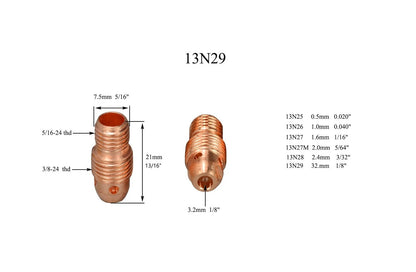 RIVERWELD TIG Collet Bodies 13N29 13N24 1/8" & 3.2mm & 3.2, Golden