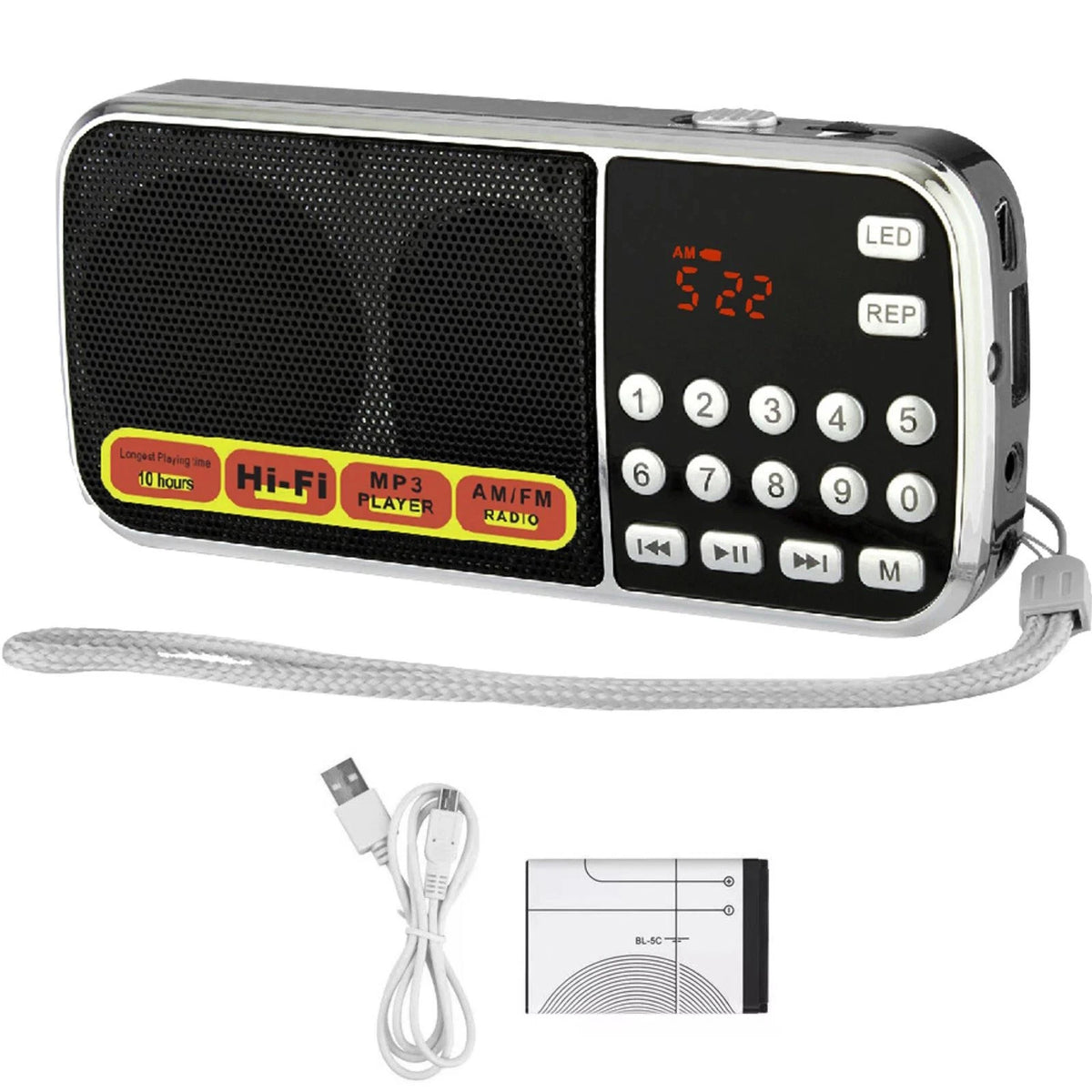 Portable Radio AM FM Digital Screen uses a rechargeable BL-5C lithium battery