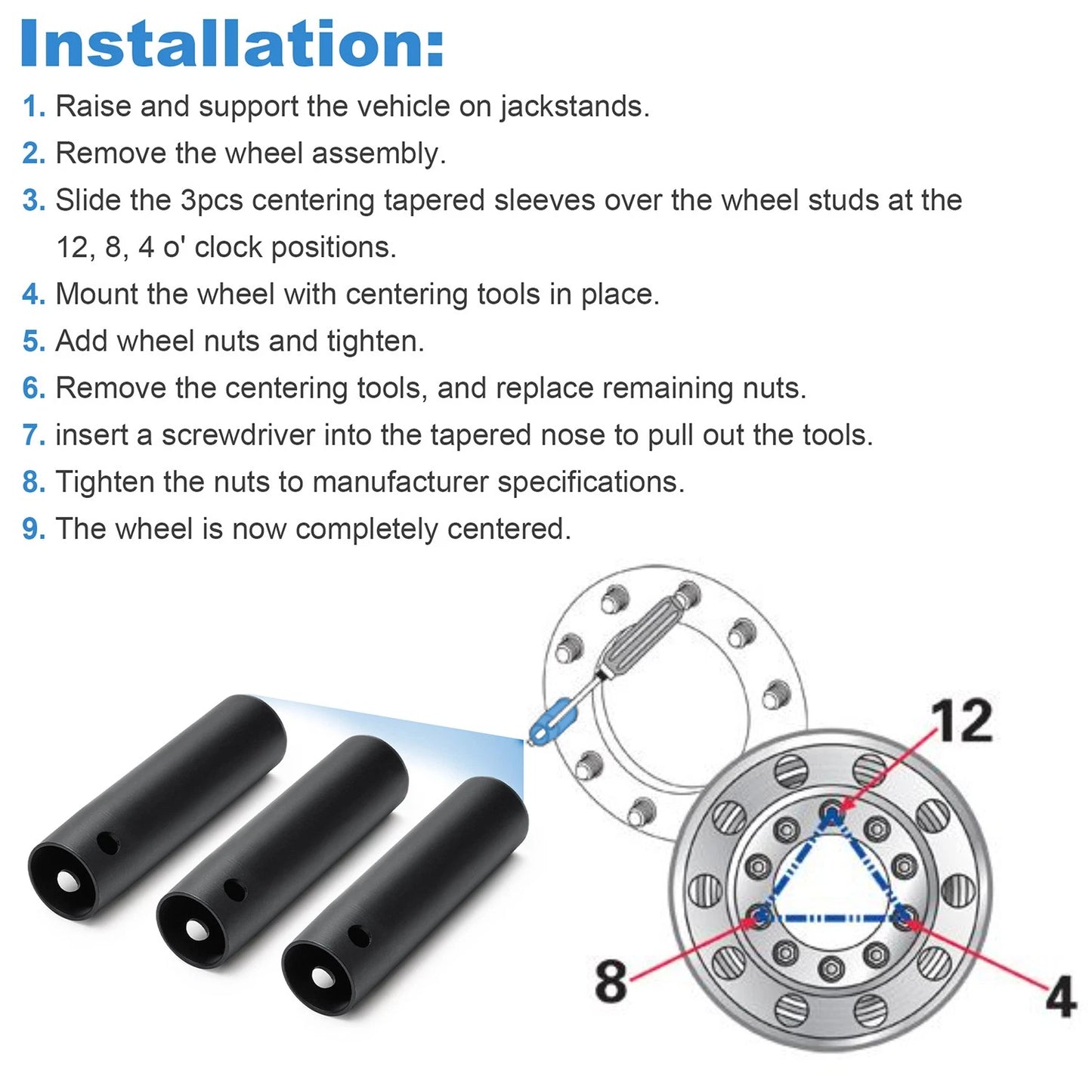3Pcs Wheel Centering Sleeves Tool Set Heavy Truck Trailer 22mm Studs