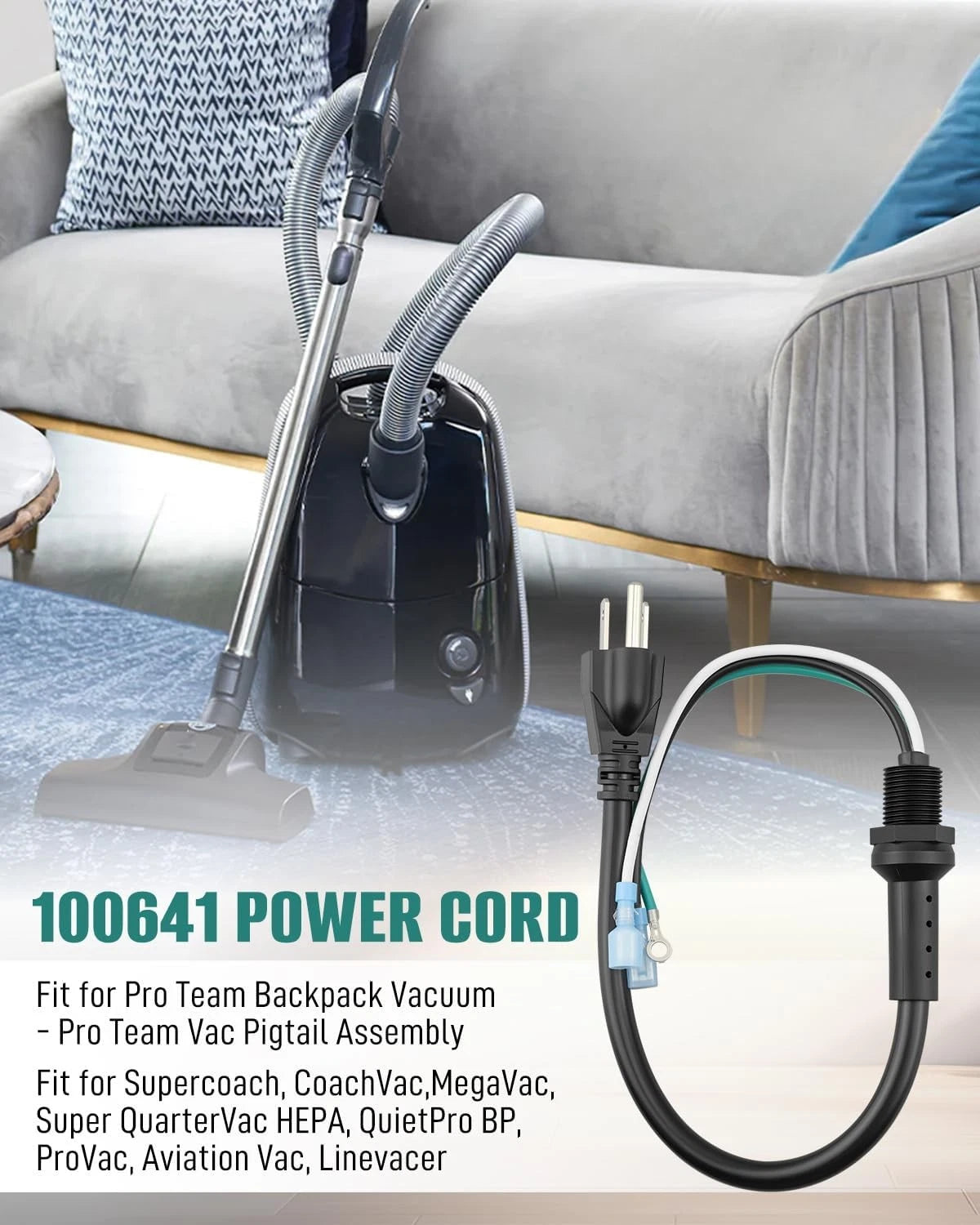 100641 Power Cord Assembly Fit for Pro Team Supercoach, CoachVac, Black