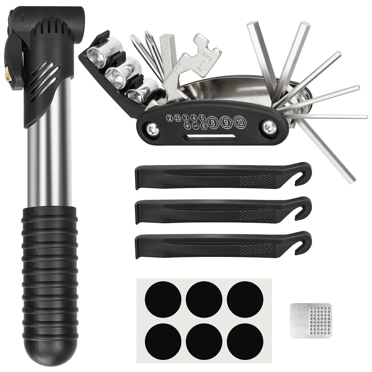 Bike Repair Kit, Tire Multi-Tool+Inflator+Tire Black