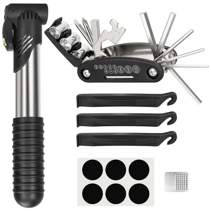 Bike Repair Kit, Tire Multi-Tool+Inflator+Tire Black