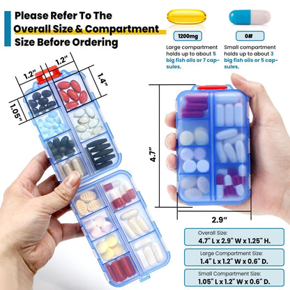 14 Grids Travel Pill Organizer Box with Bulk Med Labels, Clear-blue