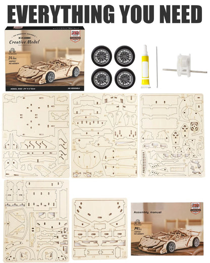 MOCBURIKU 3D Wooden Puzzles for Adults Roadster, Normal, Wood Color