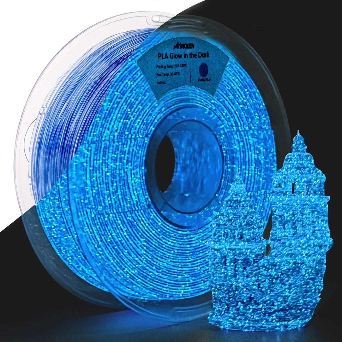 AMOLEN 3D PLA Printer Filament, 1.75mm Glow in 1KG, 1kg--glow Firefly Blue