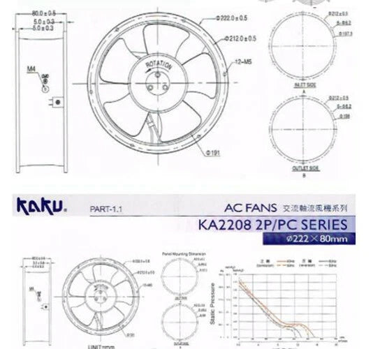 KAKU fan KA2208HA2-2 AC 220/240V 49/64W 222*80mm Axial cooling fan