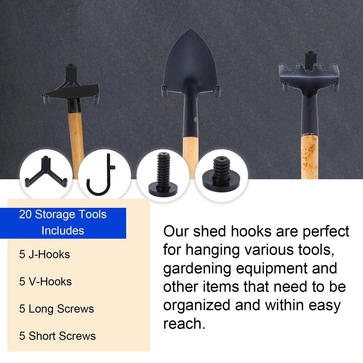 BOXOB 20pcs Tool Hooks for Suncast/Craftsman, V & J Shape Storage Shed Black