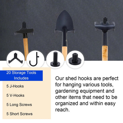BOXOB 20pcs Tool Hooks for Suncast/Craftsman, V & J Shape Storage Shed Black
