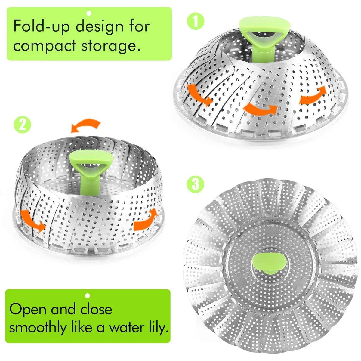 Consevisen Vegetable Steamer Basket for Cooking 5.1" to 9", Silver/Green
