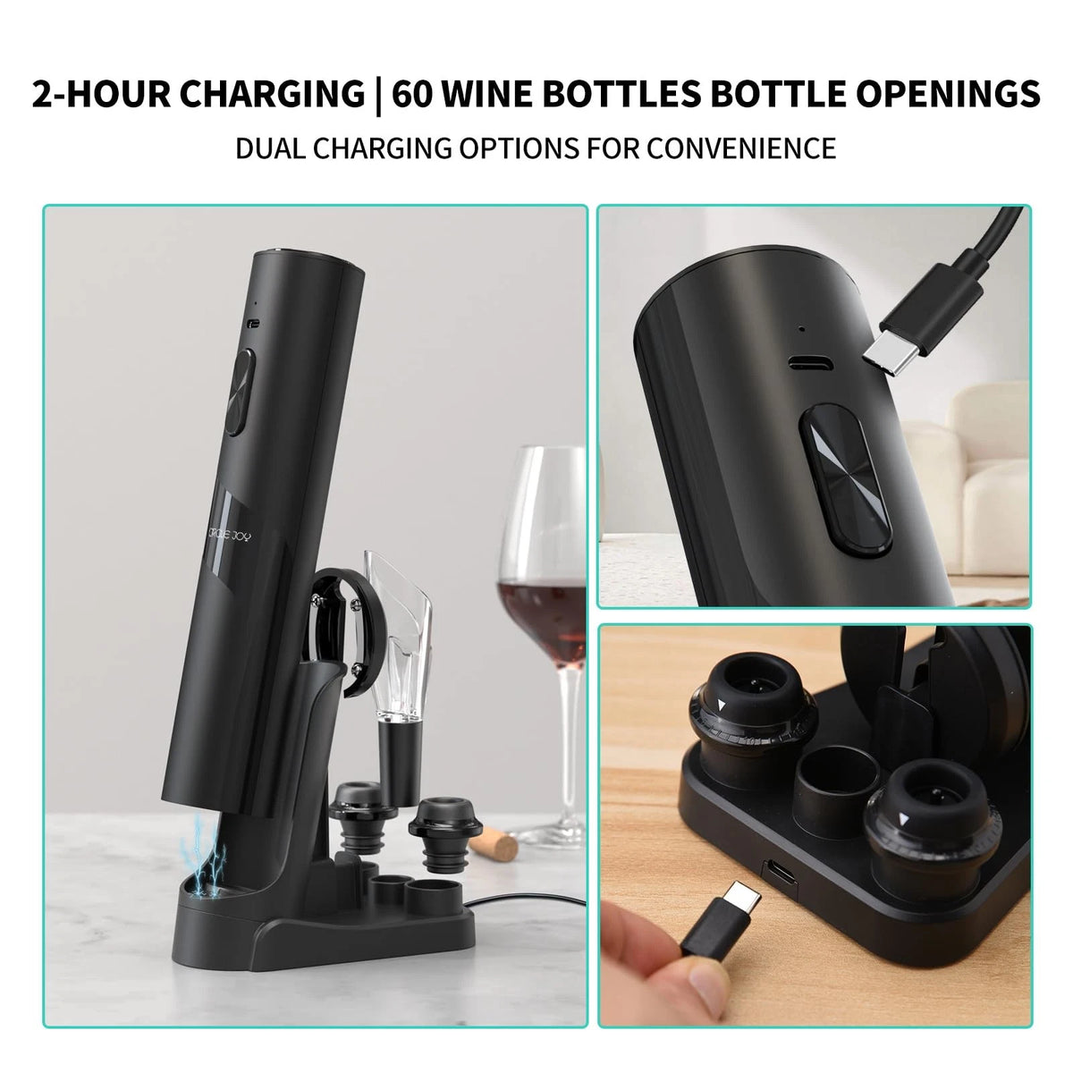 CIRCLE JOY Rechargeable Wine Opener 7-in-1 Set with Charging Base, Black
