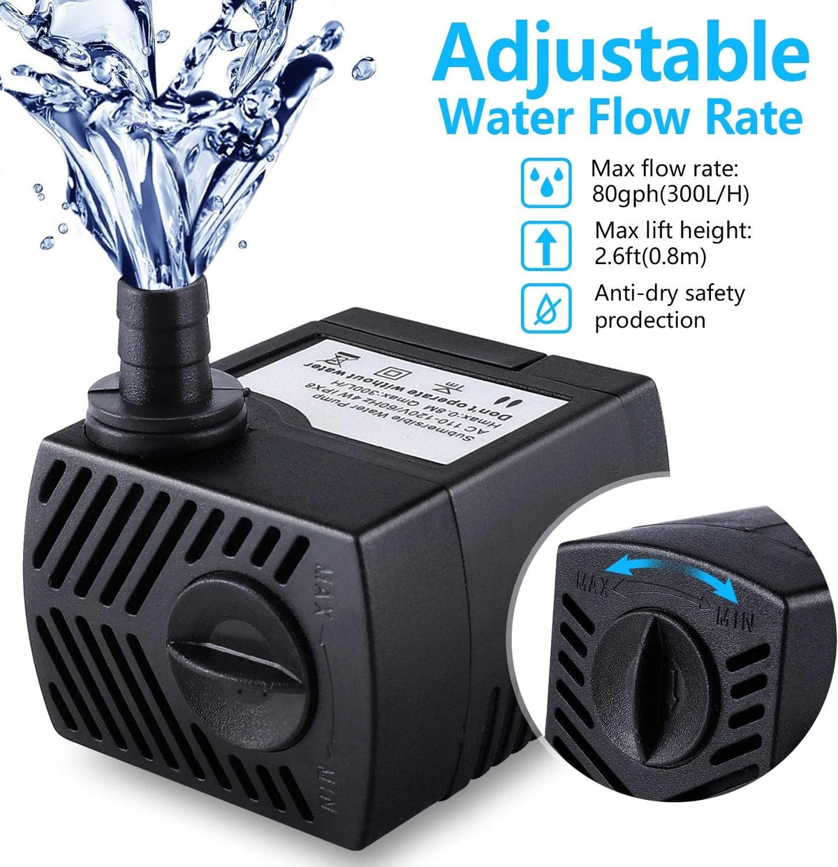 Fountain Pump, 80GPH(4W 300L/H) Submersible Water Durable Outdoor Black