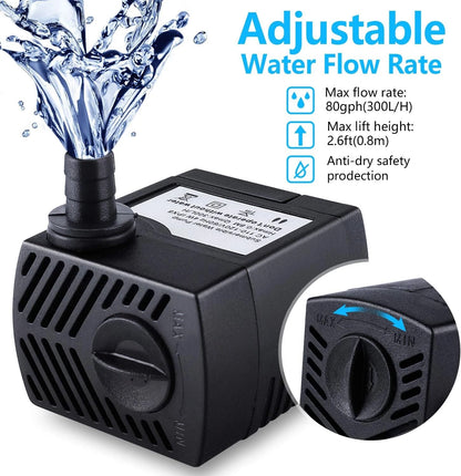 Fountain Pump, 80GPH(4W 300L/H) Submersible Water Durable Outdoor Black