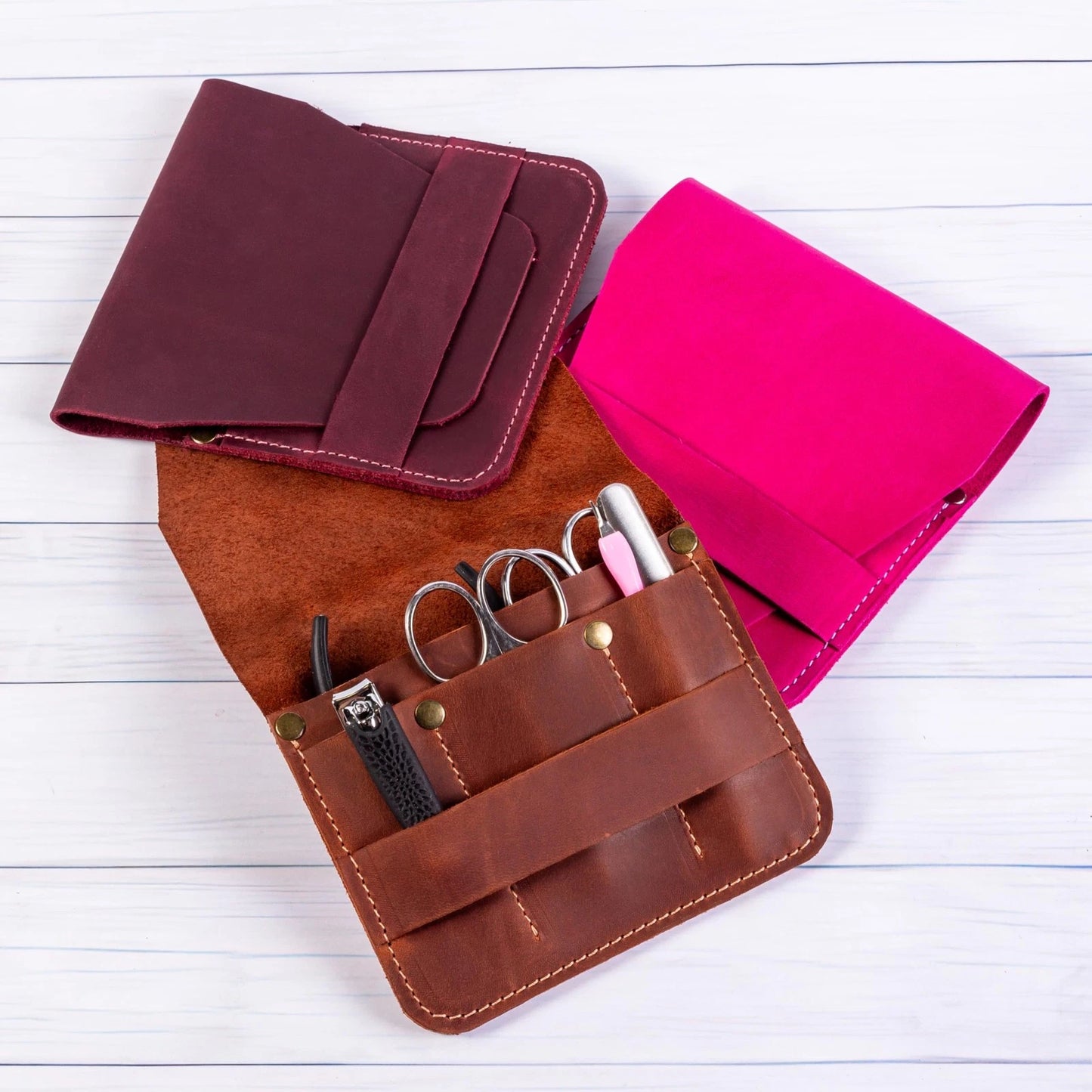 Leather Manicure Set Case Grooming Kit Organizer (Fuchsia) 5" x 5.1", Fuchsia