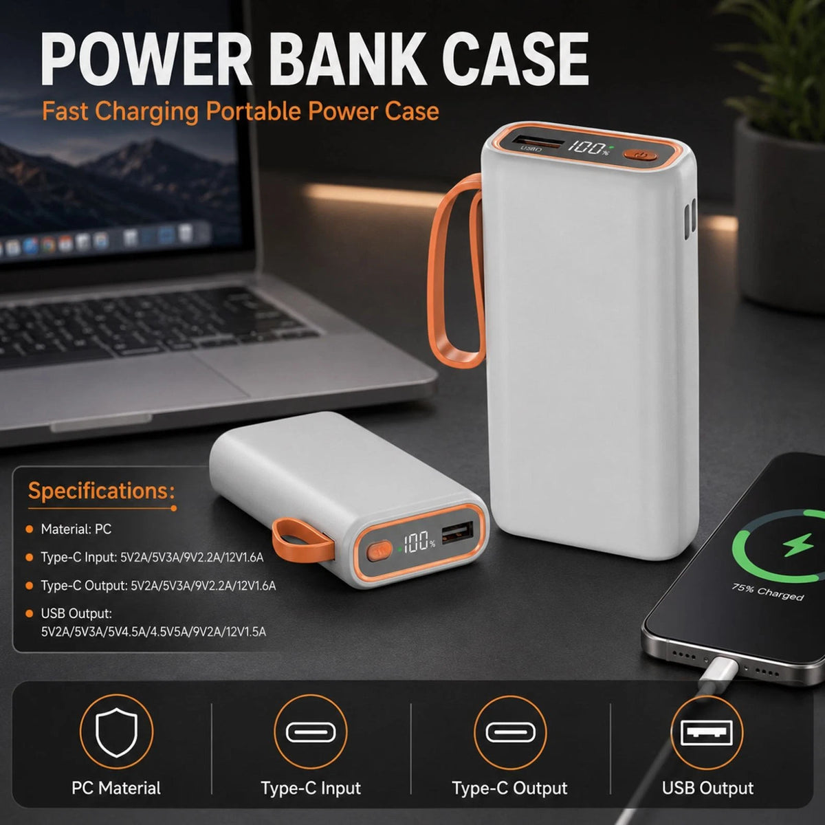 White 2 Slots 21700 Power Bank Case Cage  Durable Portable For PC/ Smartphone,