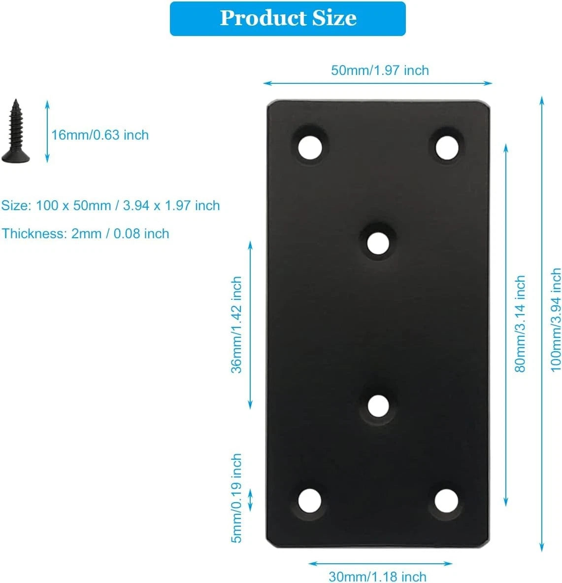 4 Pcs Black Flat Mending Plate Stainless Steel Bracket 4 x 2 inch