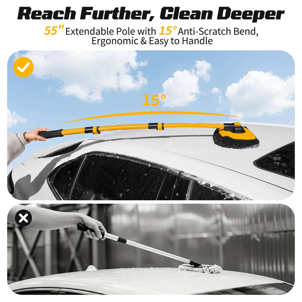 Ordenado 15° Curved Car Wash Brush with Long Handle, 22.8", Black and Yellow