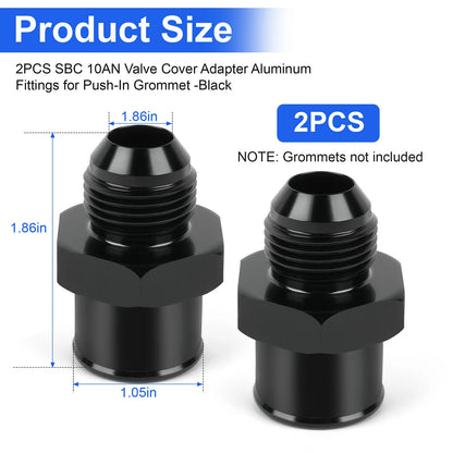 2-Pack SBC 10AN Valve Cover Adapter Aluminum Fittings for Push-In Grommet Black