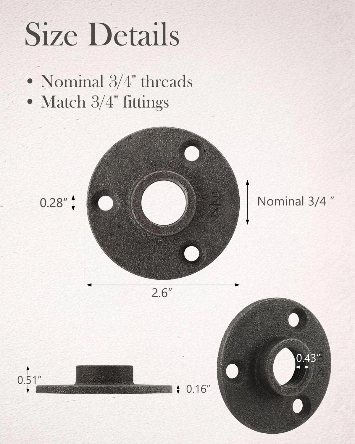 Niubid 10 Pack 3/4 inches Malleable Cast Iron Pipe Flange, inch, Black