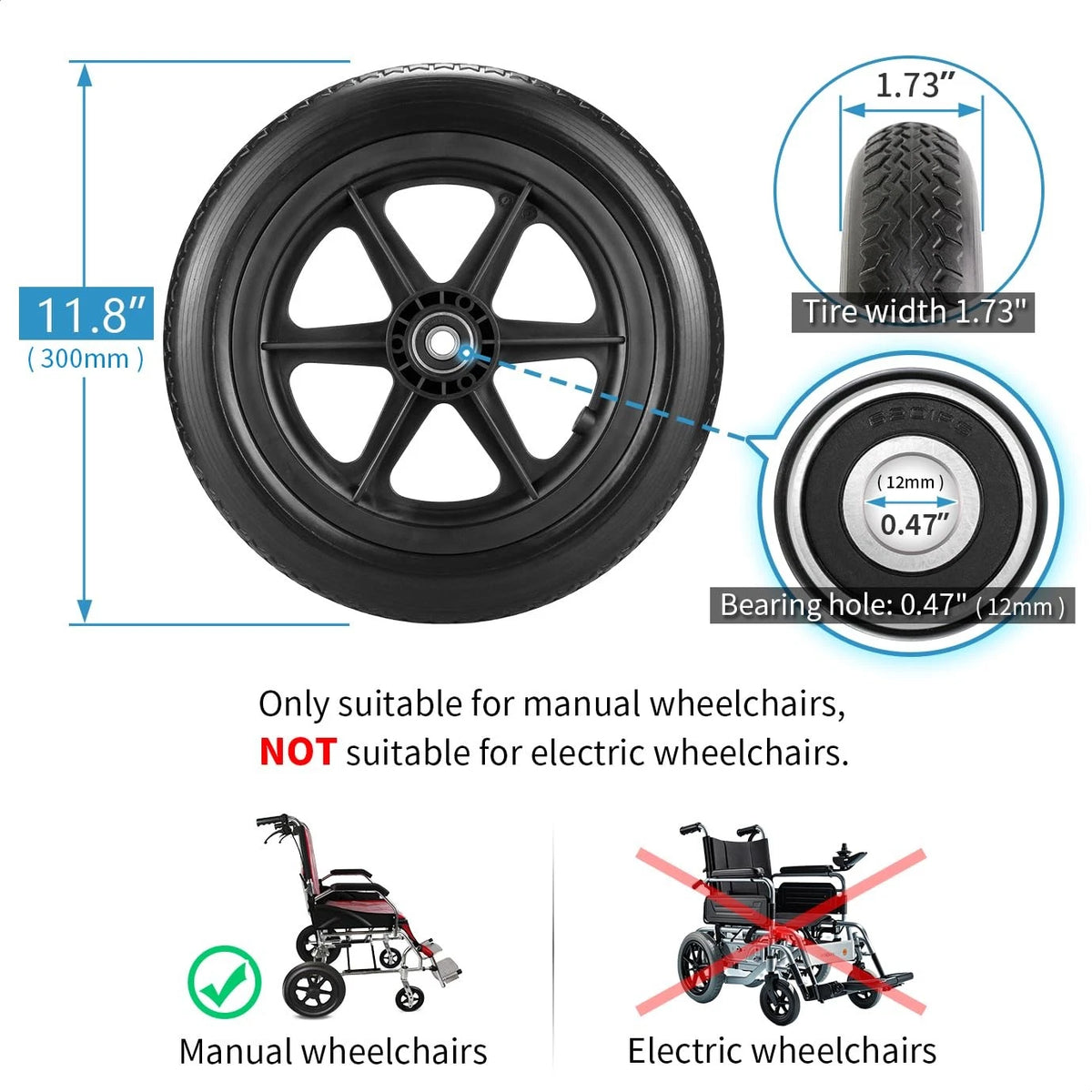 Wiykkur 12 Inch Wheelchair Wheels Replacement (1 12 1/2 x 2 1/4" Black, Black