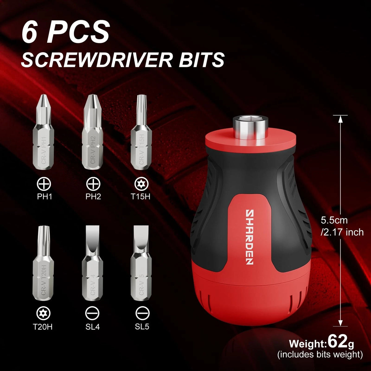 SHARDEN 8 in 1 Stubby Multi Screwdriver with 6 CRV Bits Standard, Red
